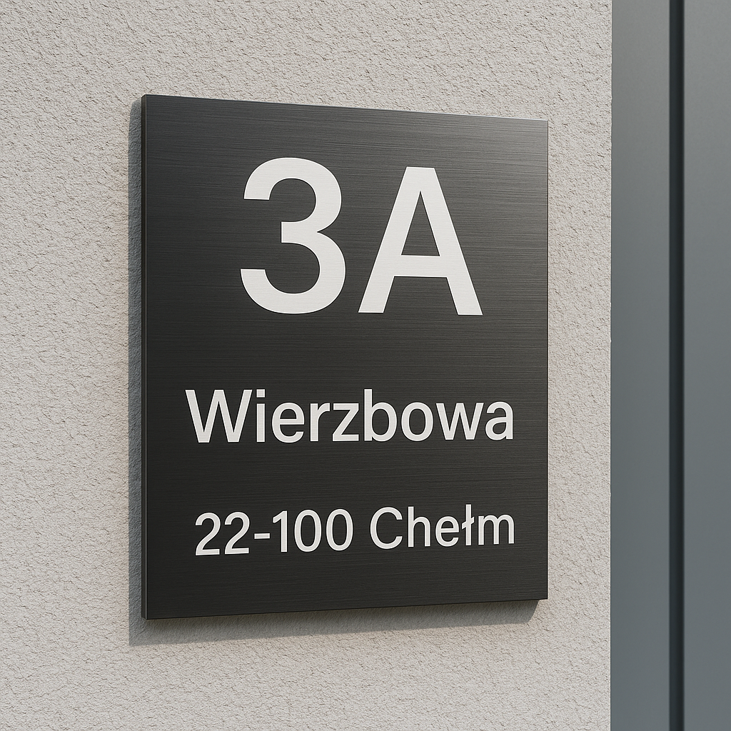 Nowoczesna tabliczka adresowa z napisem Wierzbowa 3A, 22-100 Chełm, zamontowana na elewacji budynku